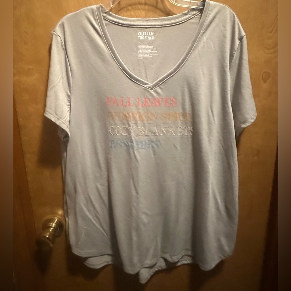 Gray Graphic T-Shirt with Fall Themed Colorful Text women’s XL